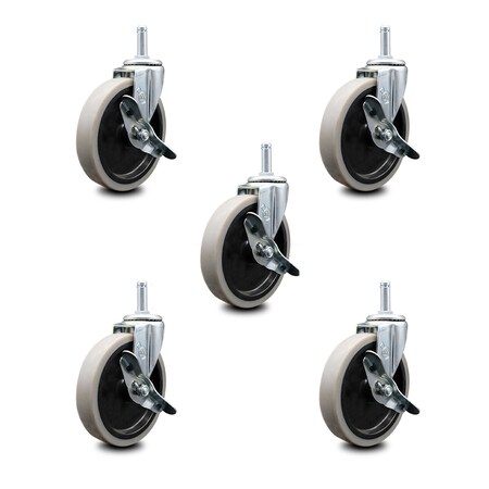 Service Caster 5 Inch Thermoplastic Wheel 1-3/8 Inch Grip Ring Stem Caster with Brakes, 5PK SCC-GR05S510-TPRS-SLB-716138-5